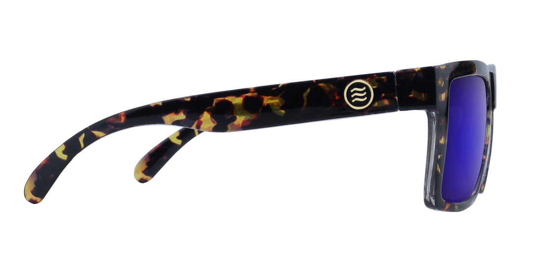 Side view of Jaguar prescription sunglasses showcasing tortoise shell glossy frame and purple mirrored lenses with white background