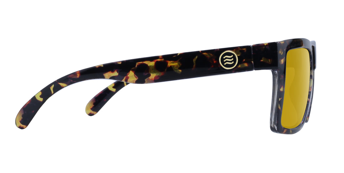 Right profile of Jaguar prescription sunglasses showcasing tortoiseshell frame, gold temple logo and yellow mirrored lenses on white background