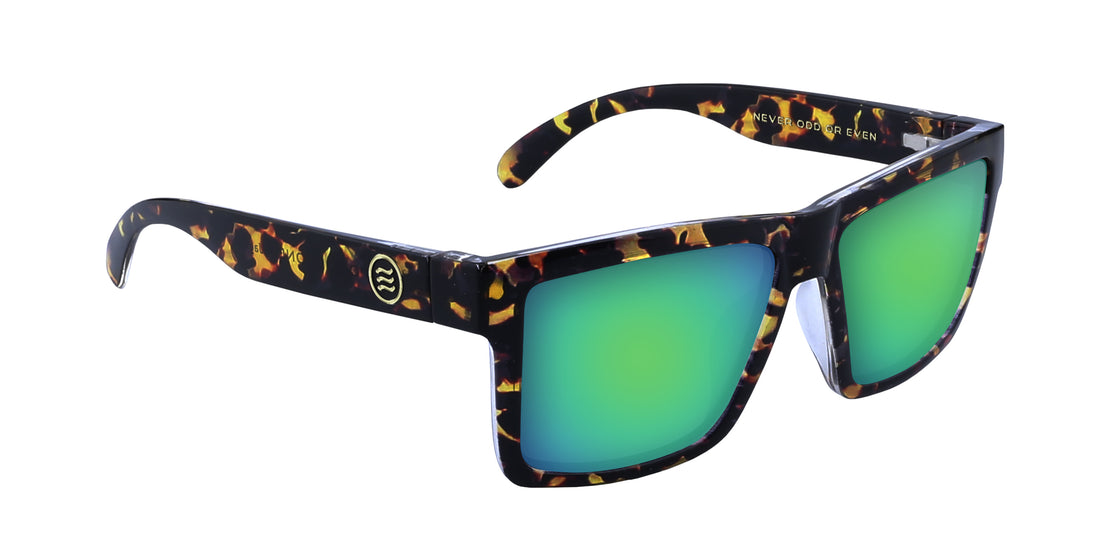 Three-quarter view of Jaguar prescription sunglasses with tortoiseshell frame and green mirrored lenses on white background