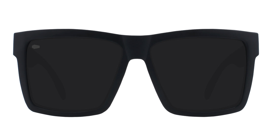 Front close-up of Lowrider sunglasses showing all-black TR90 frame, dark polarized lenses and coffin icon on white background