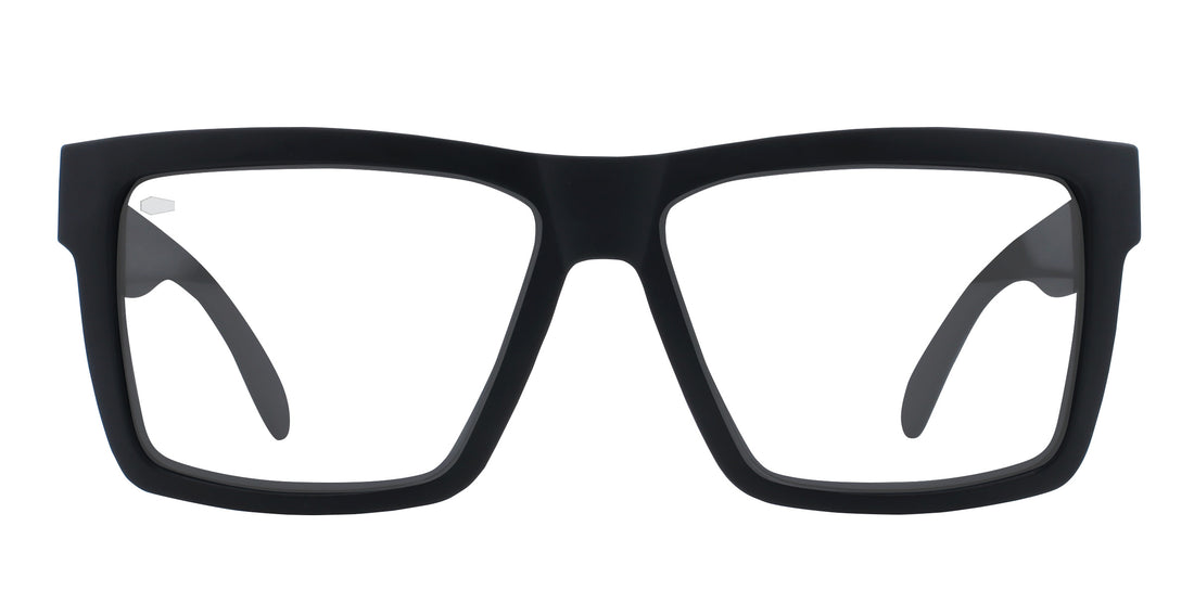Front close-up of Malibu eyeglasses showcasing black matte rectangular frames and clear lenses on a white background