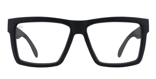 Black rectangular prescription glasses with clear lenses.
