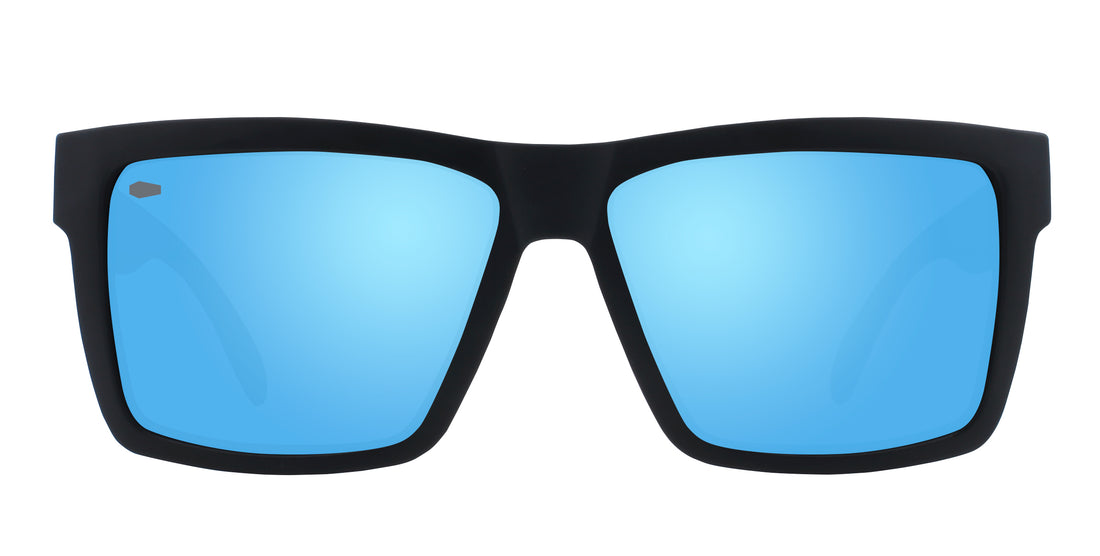 Front view of Montauk sunglasses showcasing a black frame and blue lenses with a white background