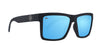 Black sunglasses with blue lenses, featuring a logo on the side.