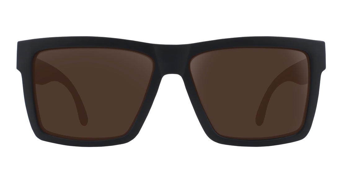 Close-up front view of Nightshade Rx sunglasses with matte black frame and brown lenses on white background