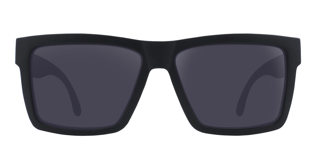 Close-up front view of Nightshade Rx sunglasses showcasing matte black large frame and dark gray lenses on white background