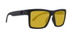 Sunglasses with black frame and yellow lenses on a white background
