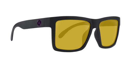 Sunglasses with black frame and yellow lenses on a white background