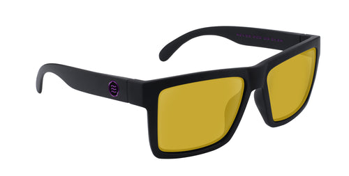 Sunglasses with black frame and yellow lenses on a white background