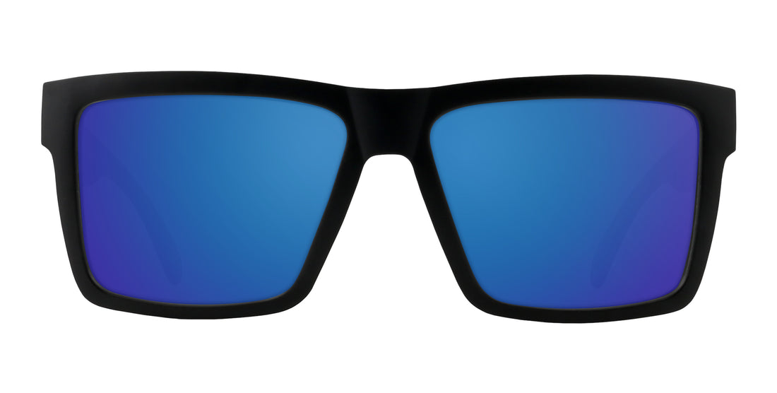 Front view of Prospector prescription sunglasses showing matte black rectangular frame with coastal blue mirrored lenses on white background