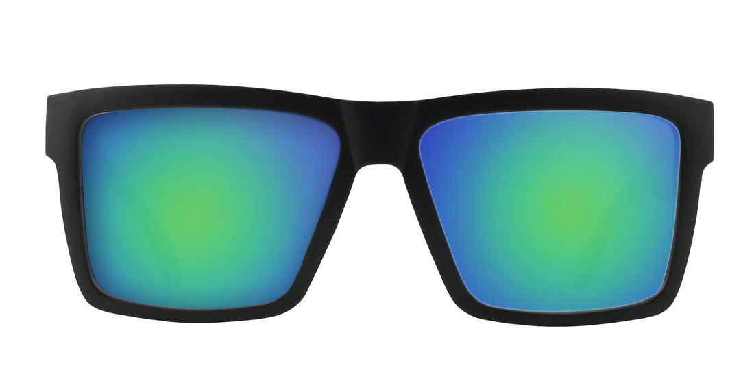 Front close-up of Prospector sunglasses showcasing matte black frame and green-blue mirrored prescription lenses on white background