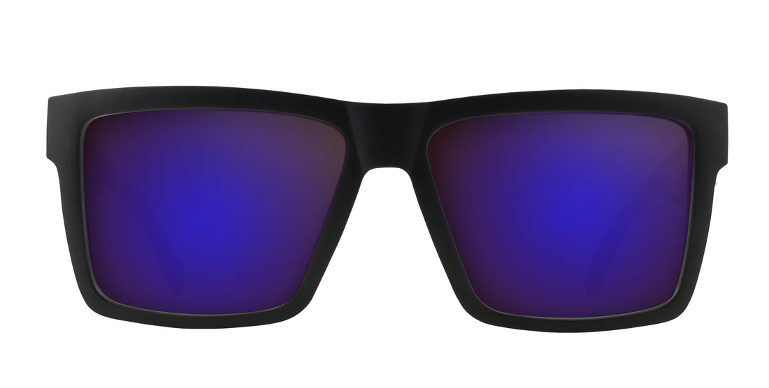 Close-up front of Prospector prescription sunglasses showing matte black frame and purple mirrored lenses on white background