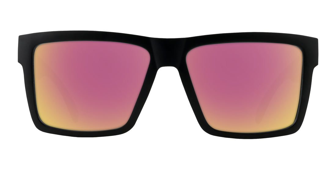 Front view of Prospector prescription sunglasses showcasing matte black frame and rose-pink mirrored lenses on white background
