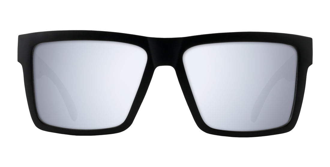 Front view of Prospector prescription sunglasses with a matte black frame and silver mirrored lenses on white background