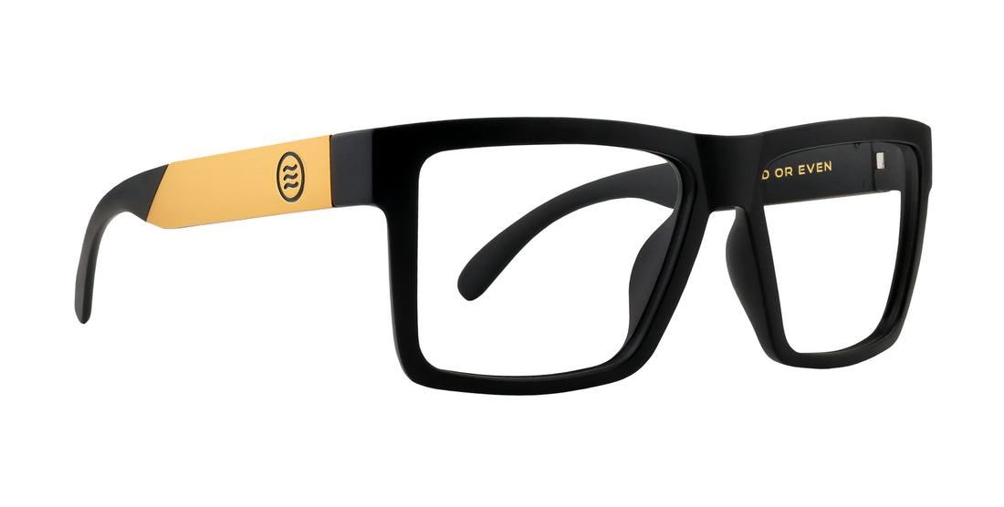 Prospector prescription glasses in black and yellow with a rectangular frame and clear lenses.