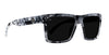 Black and white marbled rectangular sunglasses with dark lenses.