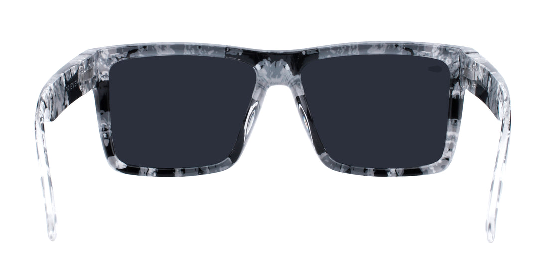 Front view of South Shore sunglasses with greyscale camo TR90 rectangular frame and polarized lenses on white background