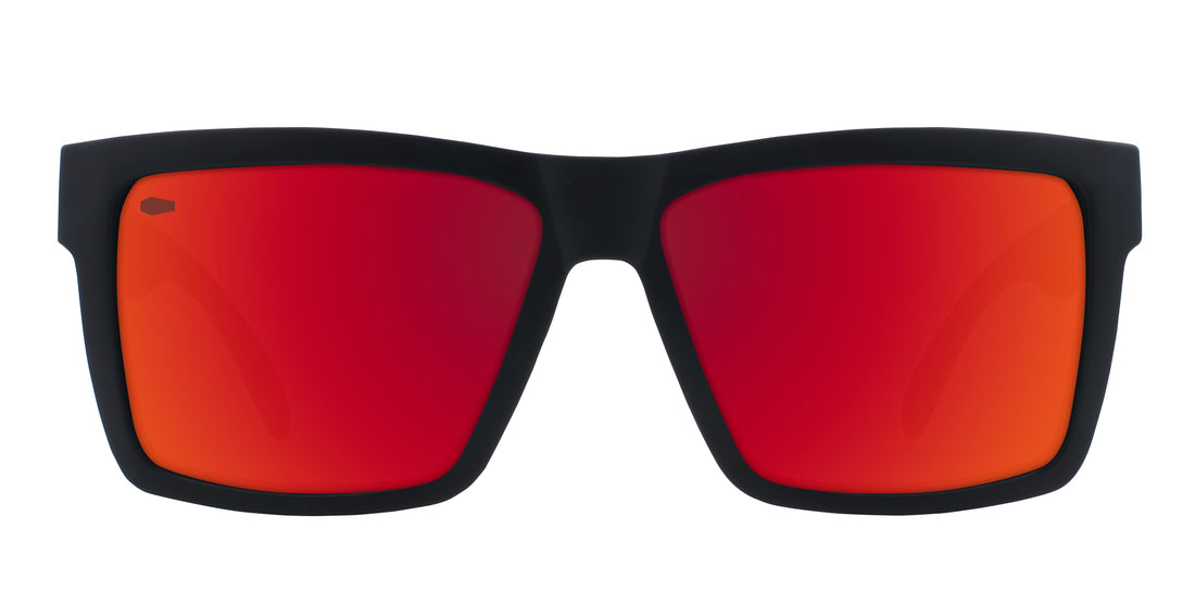 Front close-up of Supernova sunglasses showcasing a matte black large frame and red-to-orange mirrored polarized lenses with etched Tombstone logo on white background