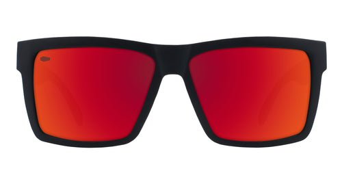 Black sunglasses with red lenses, front view.