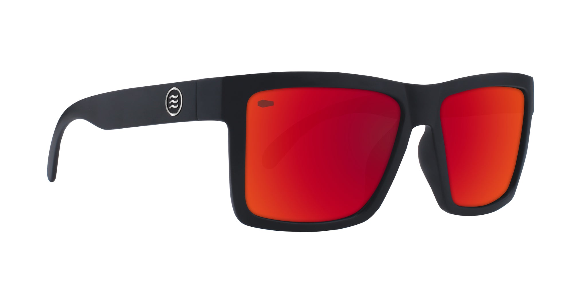 Bold black rectangular polarized sunglasses with red lenses, featuring a sleek design.