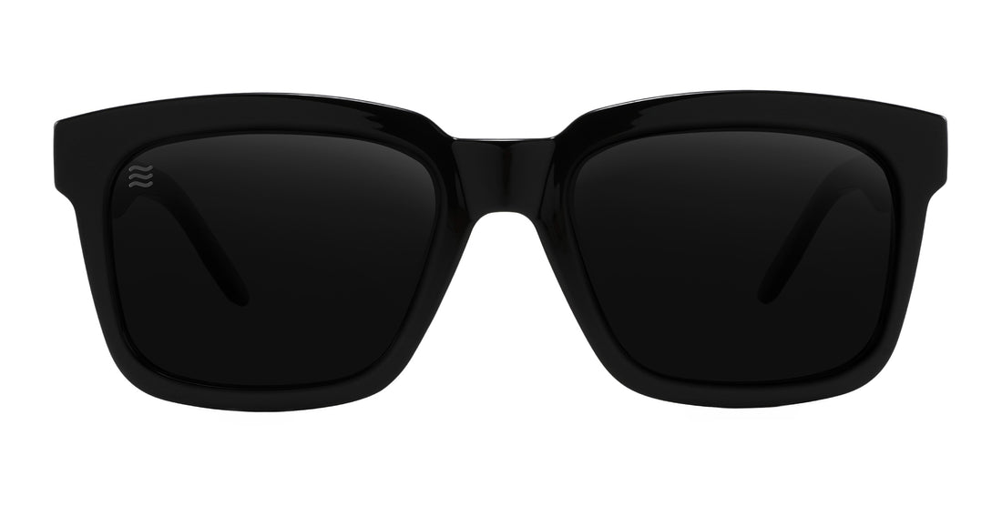Front view of Moonlight polarized sunglasses showcasing bold black frame and polarized dark lenses on white background