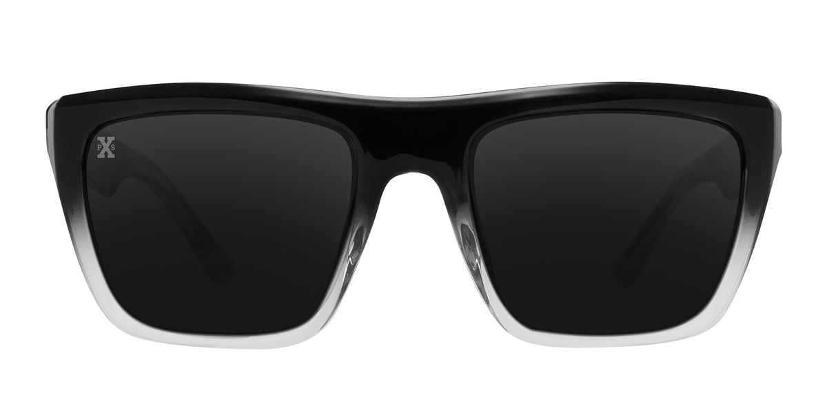 Pair name: Polaris Frame shape: rectangular Formatted alt text: Polaris Black-to-clear gradient rectangular polarized sunglasses from Neven Eyewear.