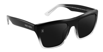 Pair name: Polaris Frame shape: rectangular Formatted alt text: Polaris Black-to-clear gradient rectangular polarized sunglasses from Neven Eyewear.
