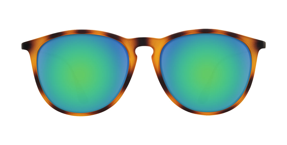 Front view of Bowie prescription sunglasses showcasing tortoise frame and green mirrored lenses on white background