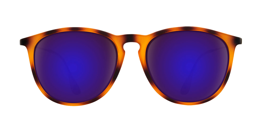 Close up front view of Bowie tortoise frame prescription sunglasses showcasing purple mirrored lenses on white background