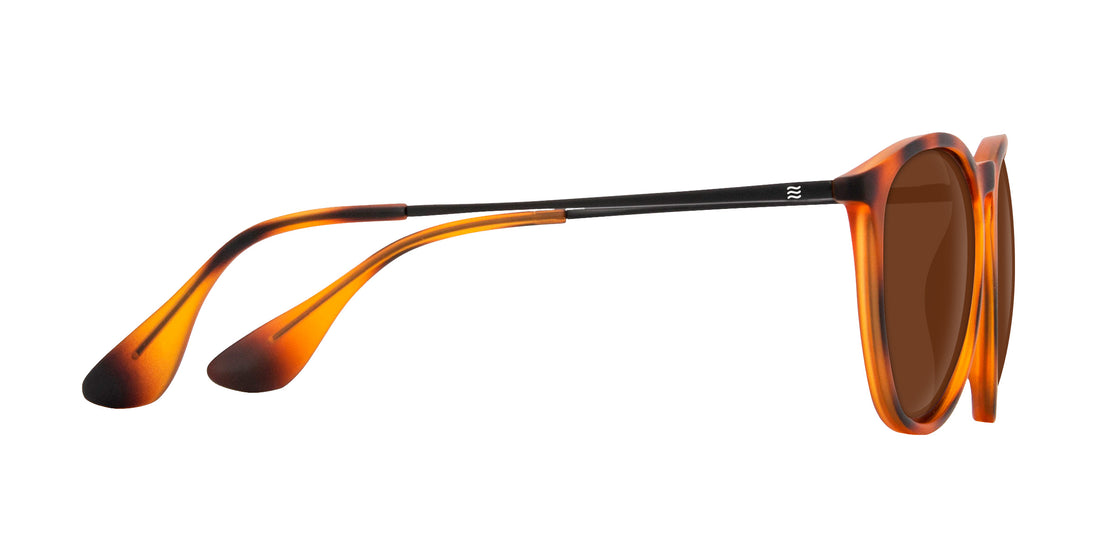Side view of Bowie sunglasses showing tortoise frame, brown polarized UV400 lenses and black temples on white