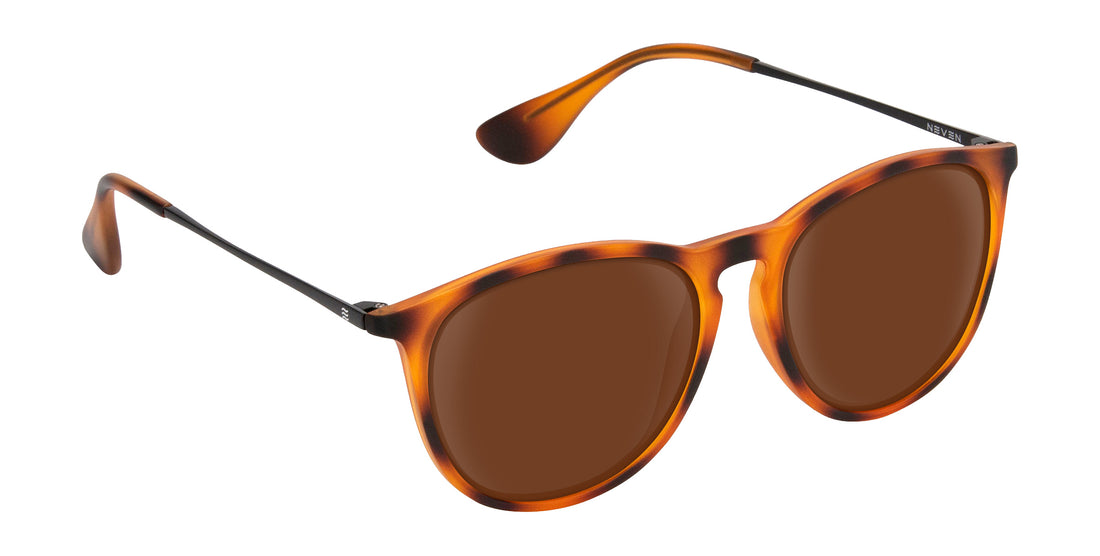 Close-up three-quarter view of Bowie sunglasses showcasing tortoise frame, polarized smokey brown UV400 lenses, and thin black temples on white background