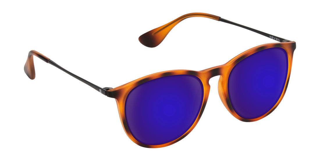 Angled close-up of Bowie sunglasses showcasing tortoise frame and purple mirrored lenses on white background