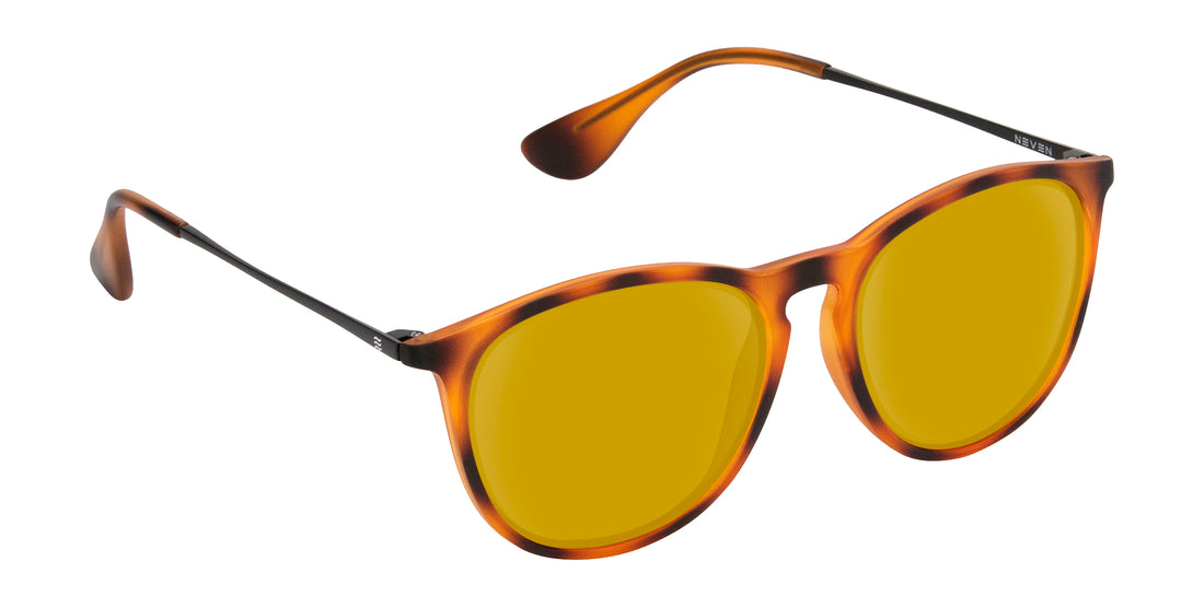 Close-up three-quarter view of Bowie sunglasses showing tortoise TR90 frame and yellow prescription lenses on white background