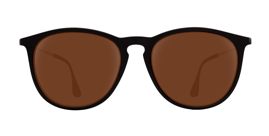 Front view of Goldie Lux sunglasses showcasing black matte round frame and brown prescription lenses on white background