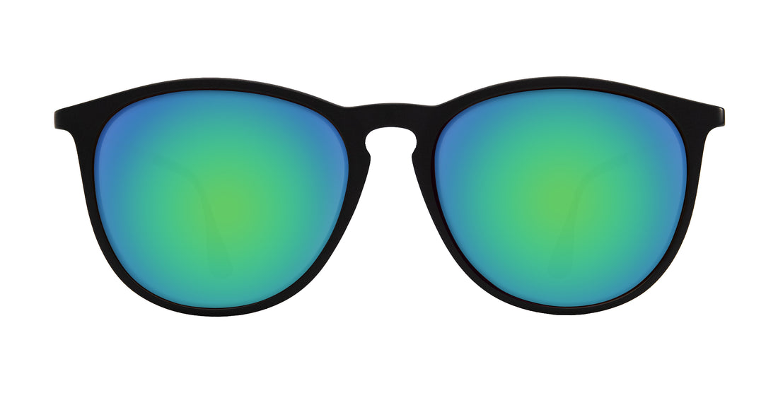 Front close-up of Goldie Lux prescription sunglasses showing black matte round frame and green mirrored lenses on white background