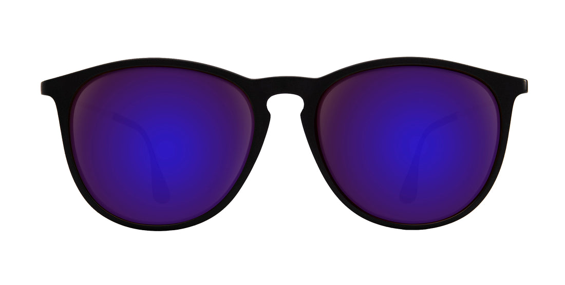 Front close-up of Goldie Lux sunglasses showing black matte frame and purple mirrored lenses on white background