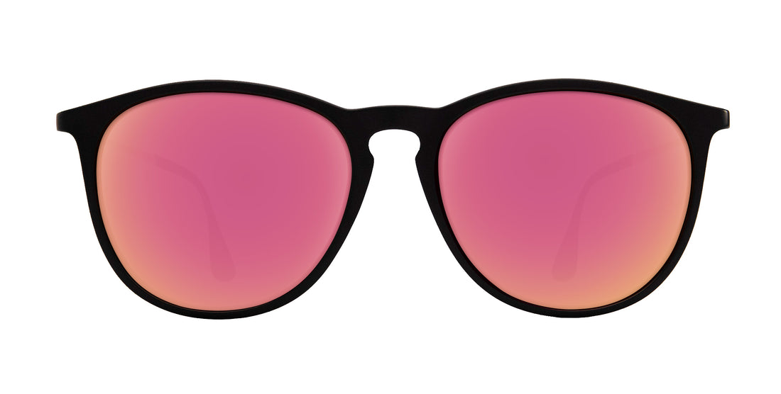 Front close-up of Goldie Lux prescription sunglasses showing black matte round frame and rose-pink mirrored lenses