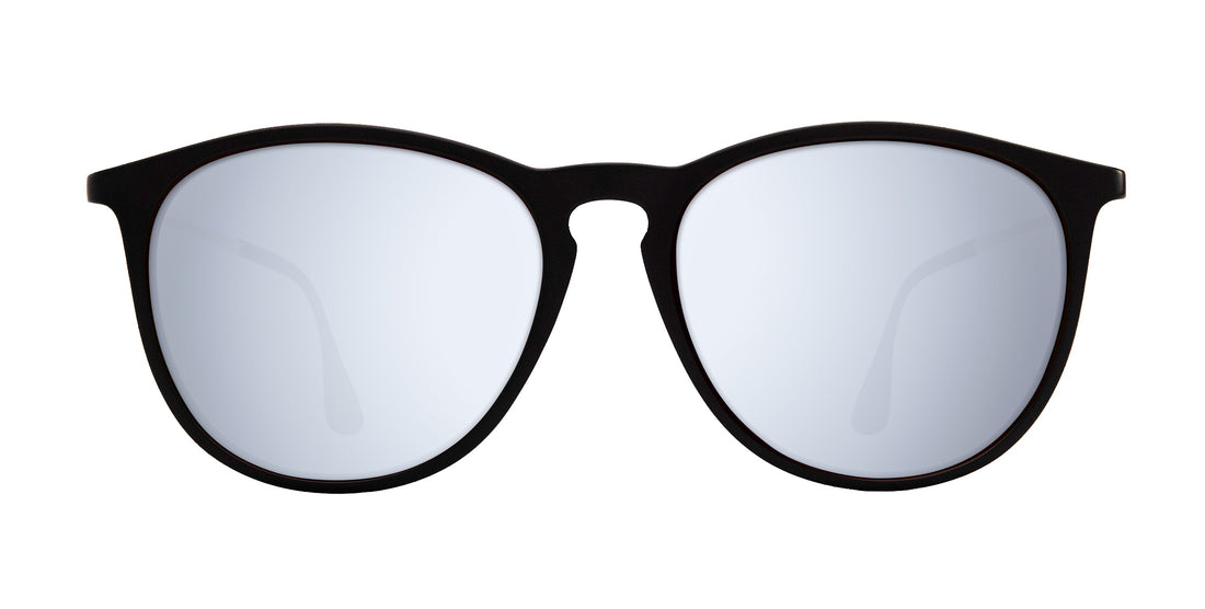 Front view of Goldie Lux prescription sunglasses showcasing black matte round frame and silver prescription lenses