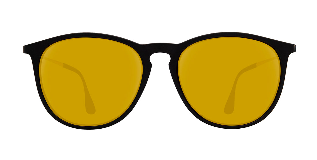 Front close-up of Goldie Lux sunglasses showcasing black matte frame and yellow lenses on white background