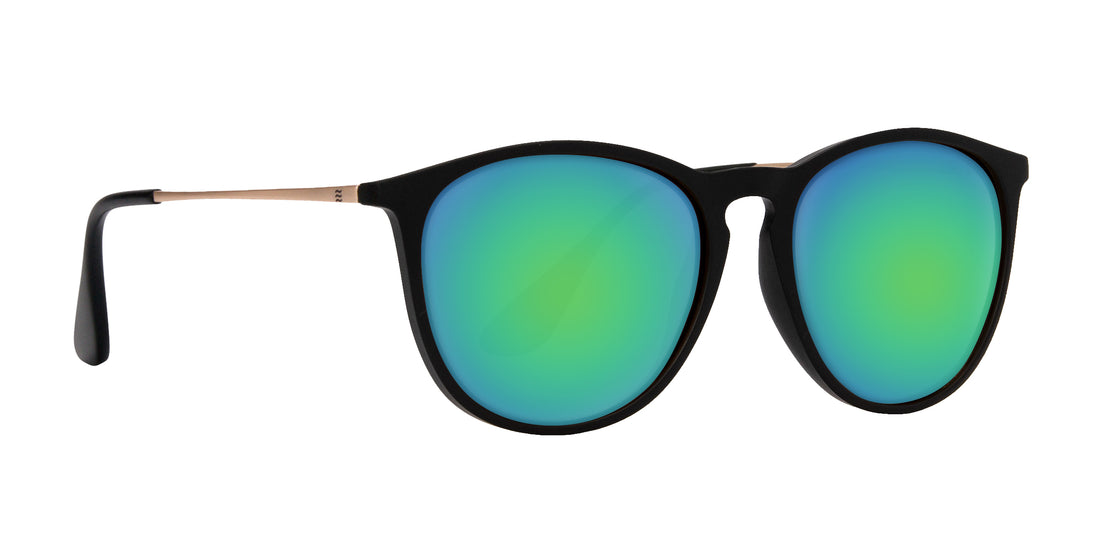 Front close-up of Goldie Lux Rx sunglasses with black matte frame, gold slim temples and green-blue mirrored lenses on white background