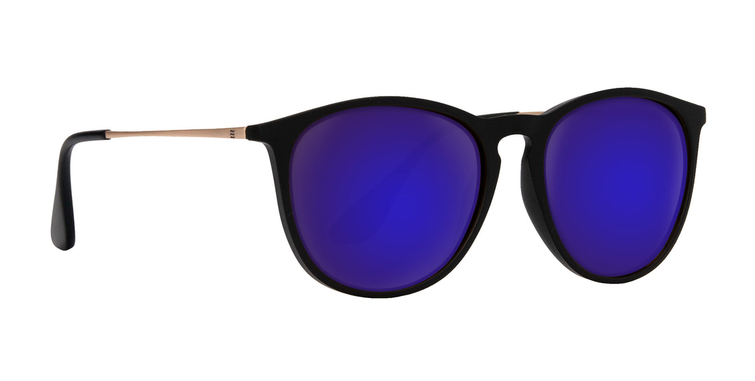 Three-quarter close-up of Goldie Lux sunglasses showing black matte frame, gold temples, and purple mirrored lenses