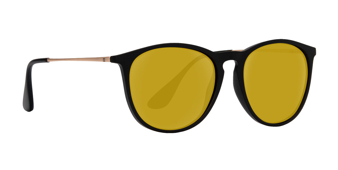 Close-up front-right of Goldie Lux Rx sunglasses showing matte black frame, gold temples and yellow lenses