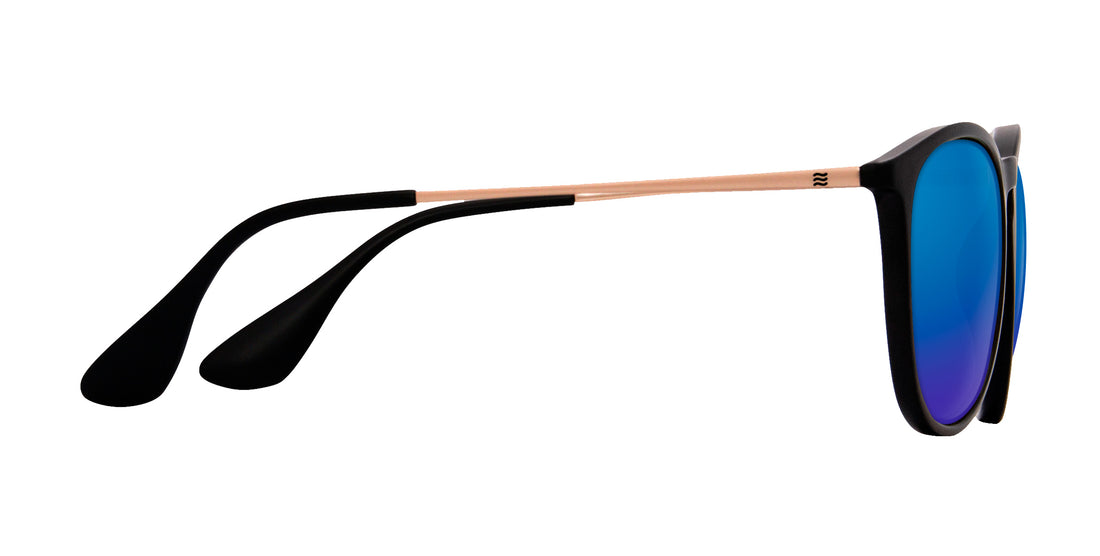 Side view of Goldie Lux sunglasses showcasing black matte frame, gold slim temples and blue mirrored prescription lenses