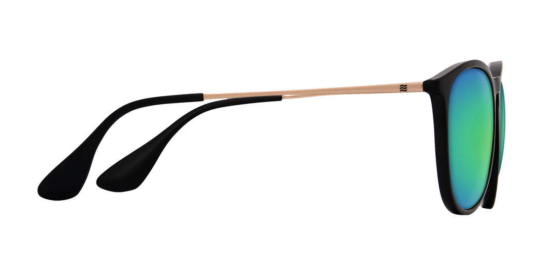 Side view of Goldie Lux Rx sunglasses showing black matte frame, gold temples and green mirrored lenses on white