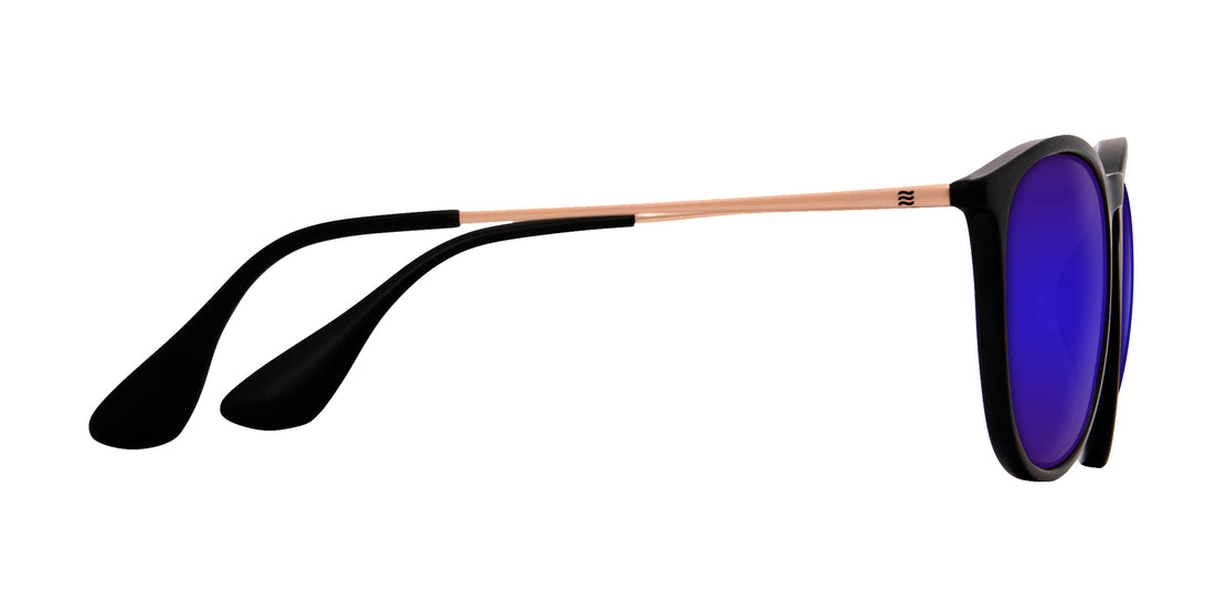 Side view of Goldie Lux prescription sunglasses showing black matte frame, gold slim temples and purple mirrored lenses on white background