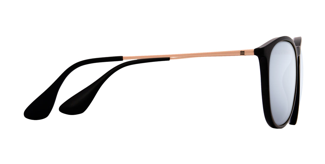 Side view of Goldie Lux sunglasses showcasing gold metal temples, matte black TR90 frame and curved rubber ear tips on white background