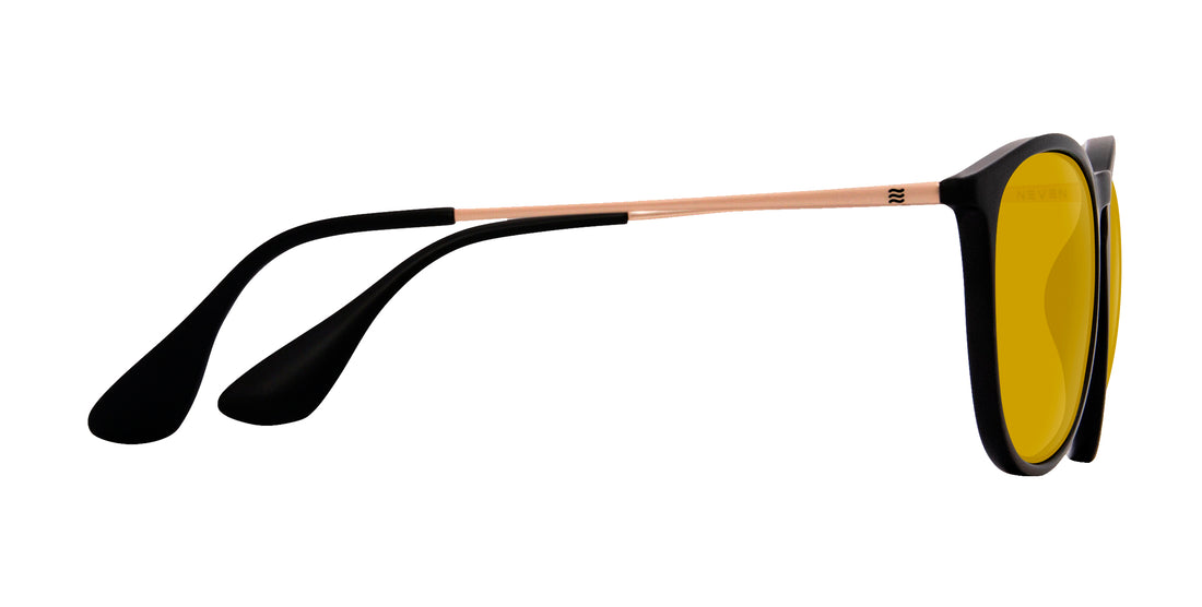 Side view of Goldie Lux prescription sunglasses showing black matte frame, gold temples and yellow lenses on white background