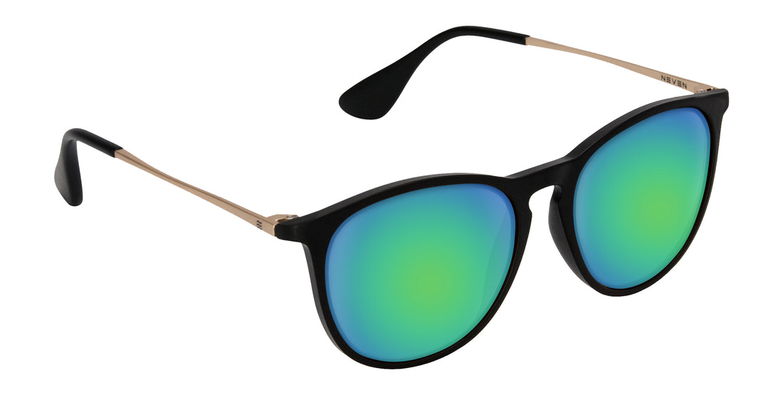 Three-quarter view of Goldie Lux Rx sunglasses showing black matte frame, gold temples and green mirrored lenses on white background