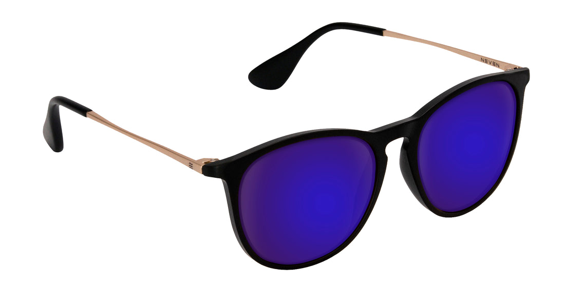 Three-quarter view of Goldie Lux prescription sunglasses with black matte frame, gold temples, and purple mirrored lenses