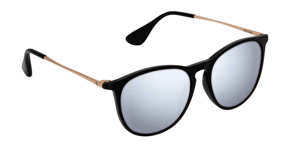 Three-quarter view of Goldie Lux Rx sunglasses showcasing black matte round frame, gold metal temples and mirrored lenses on white